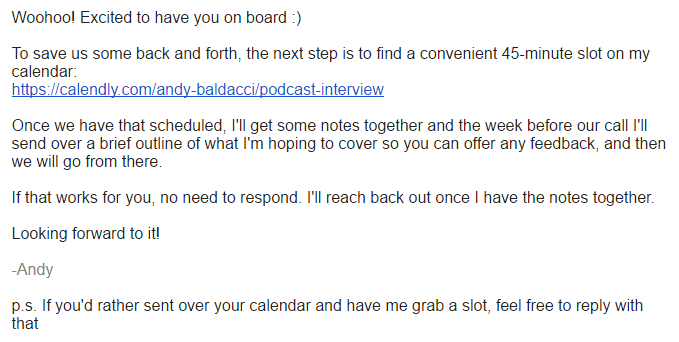 Screenshot of email for scheduling an interview with a podcast guest