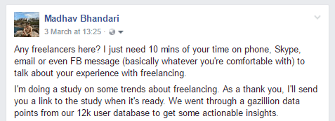 Request for freelancer interviews on Facebook