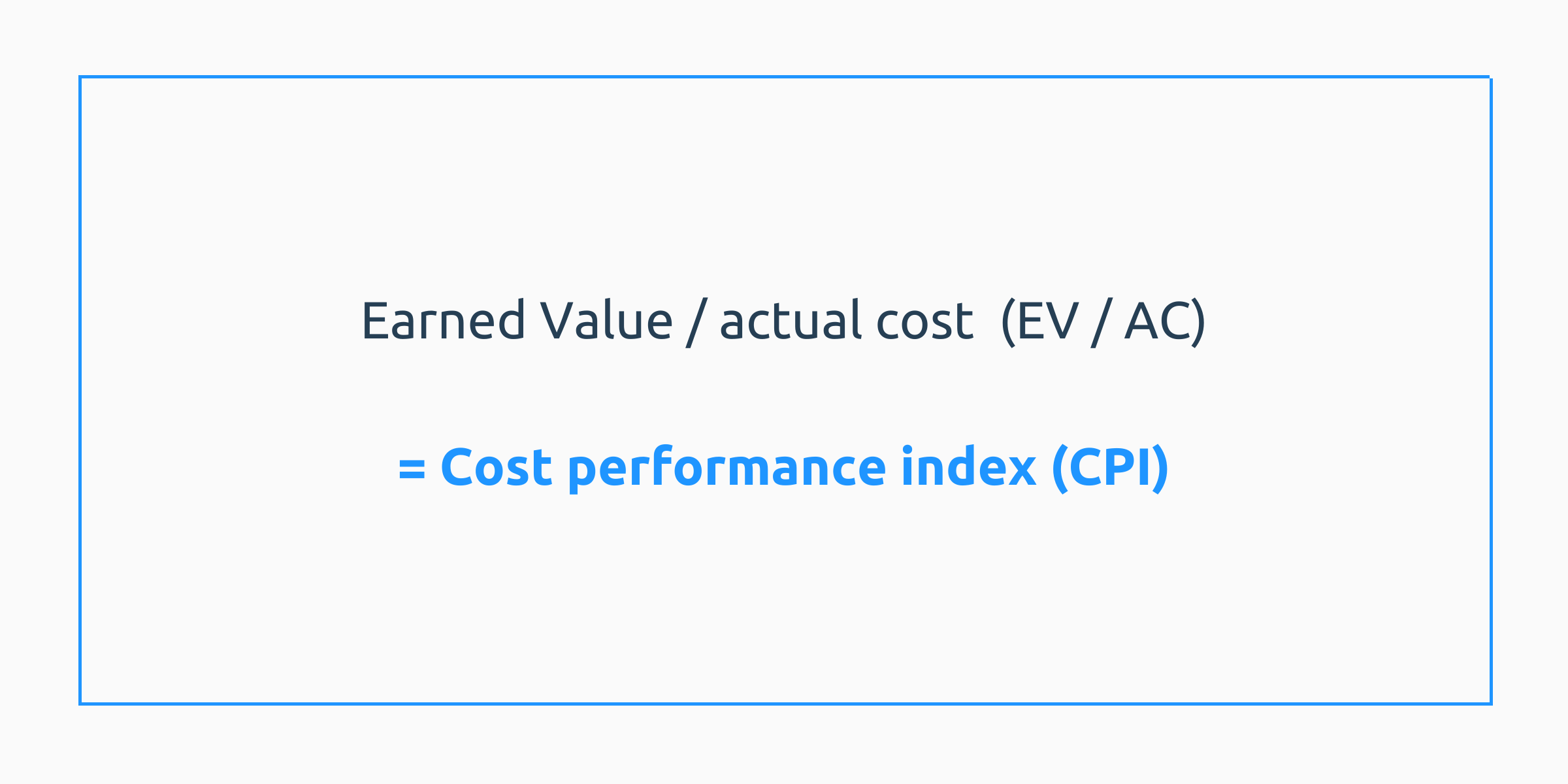Earned value/actual cost (EV/AC) = Cost performance index (CPI)