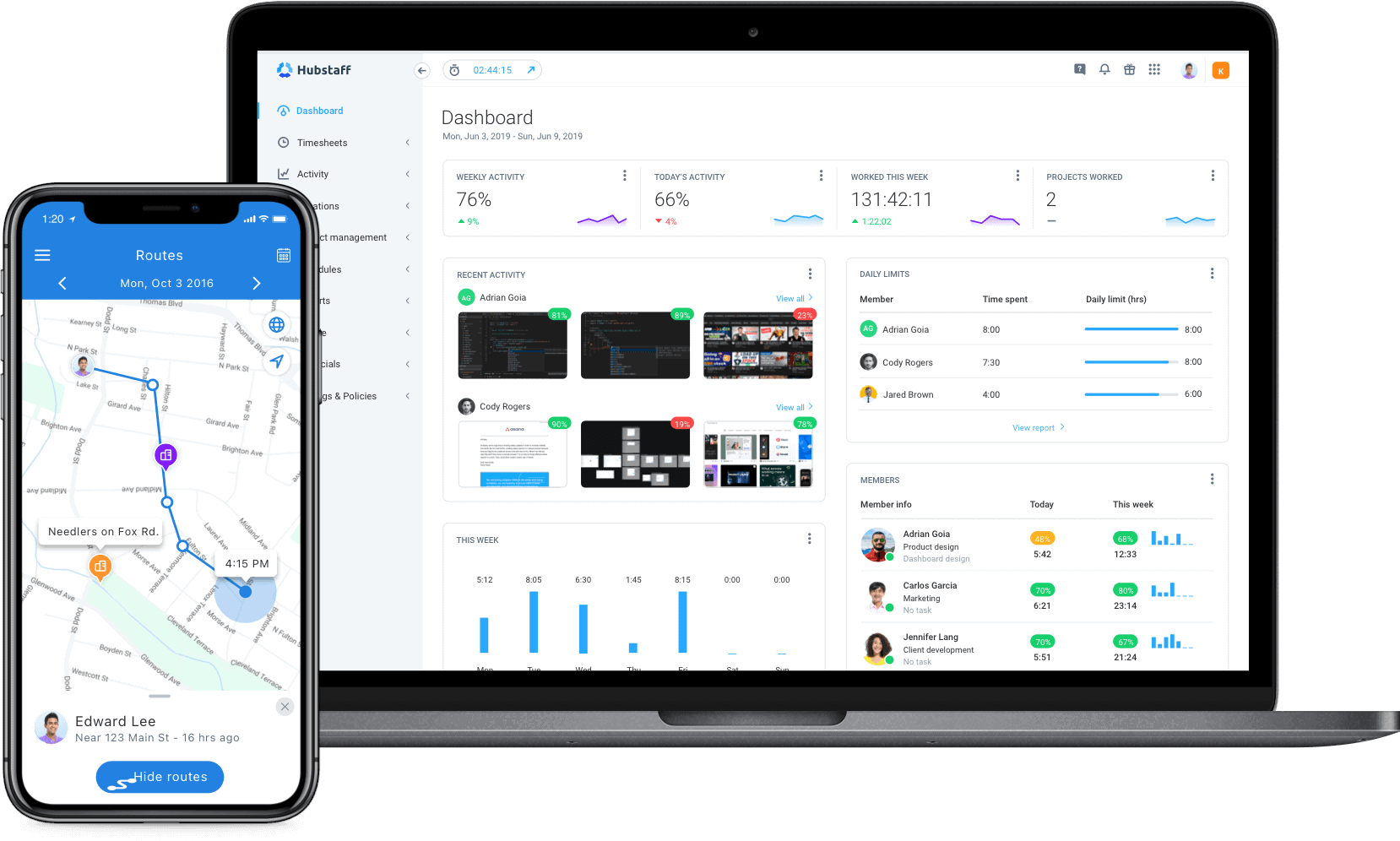 Hubstaff interface shown on a mobile device and desktop