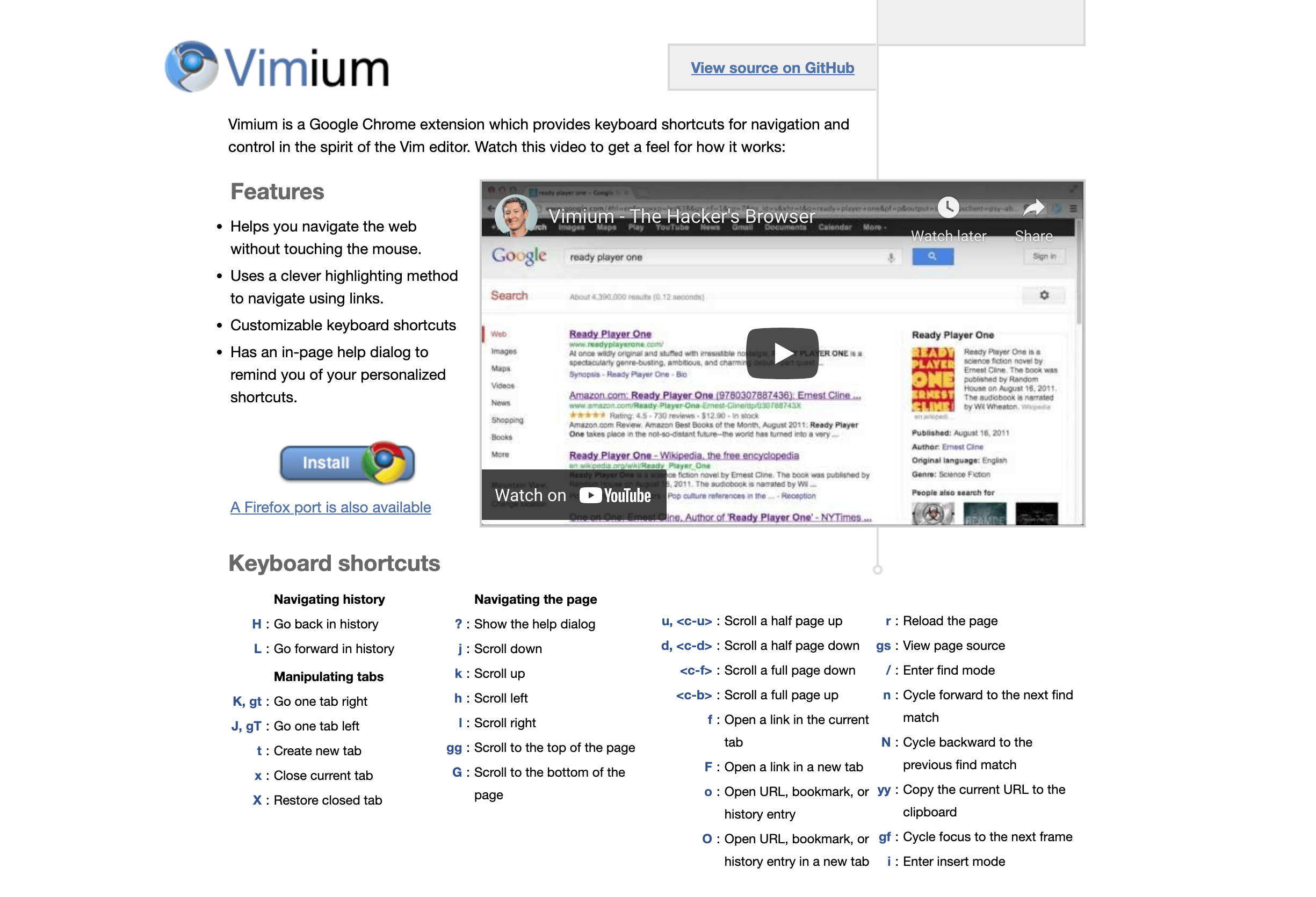 Vimium home page