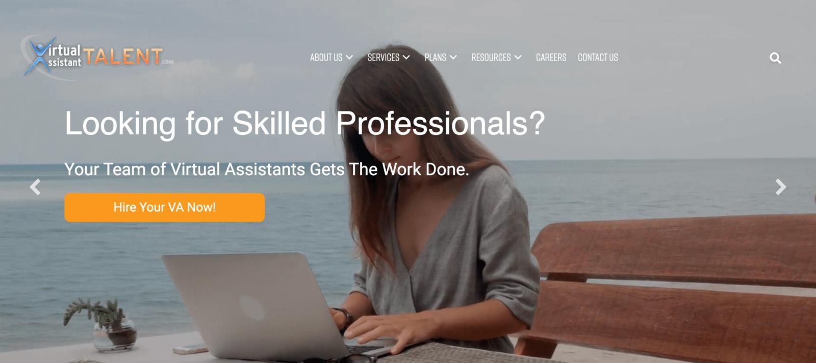 A screenshot of the Virtual Assistant Talent home page. 