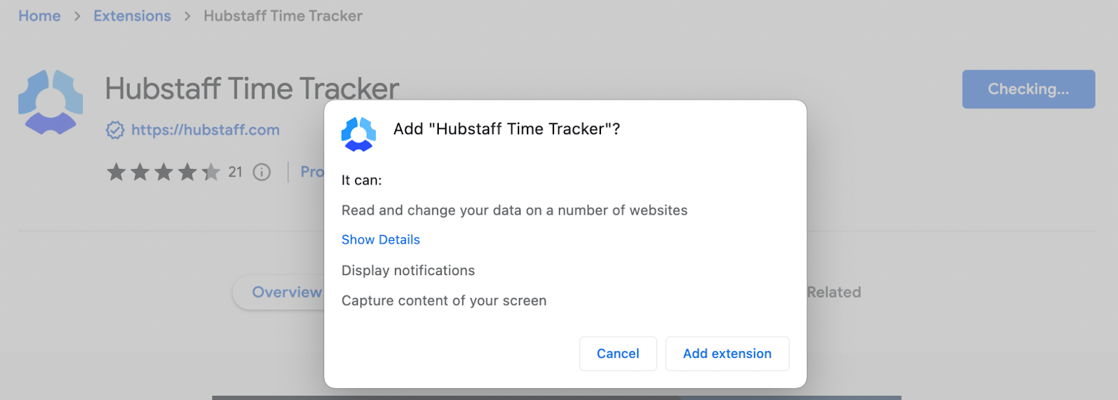 Permission to add the Hubstaff Time Tracker extension to Chrome