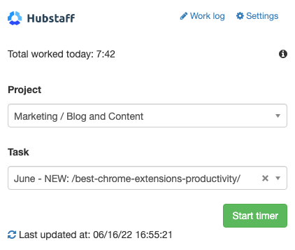 Selecting a Project and Task on the Hubstaff Chrome extension