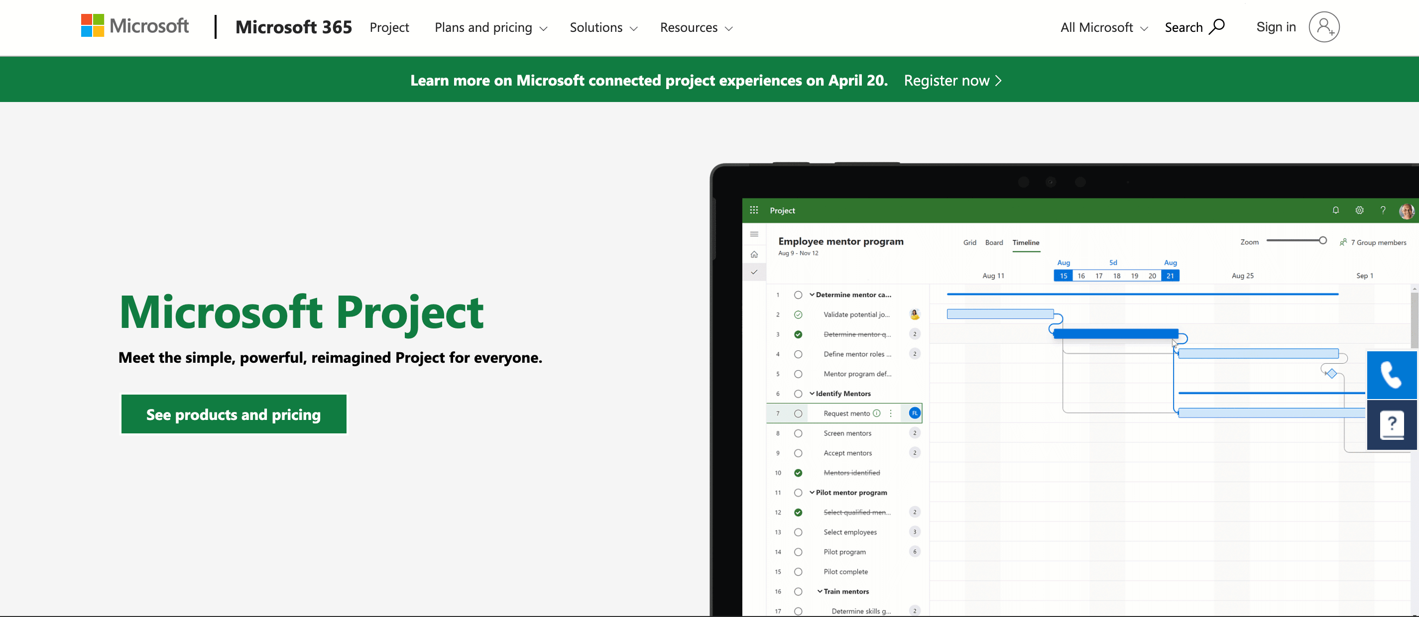 Screenshot of Microsoft Project home page