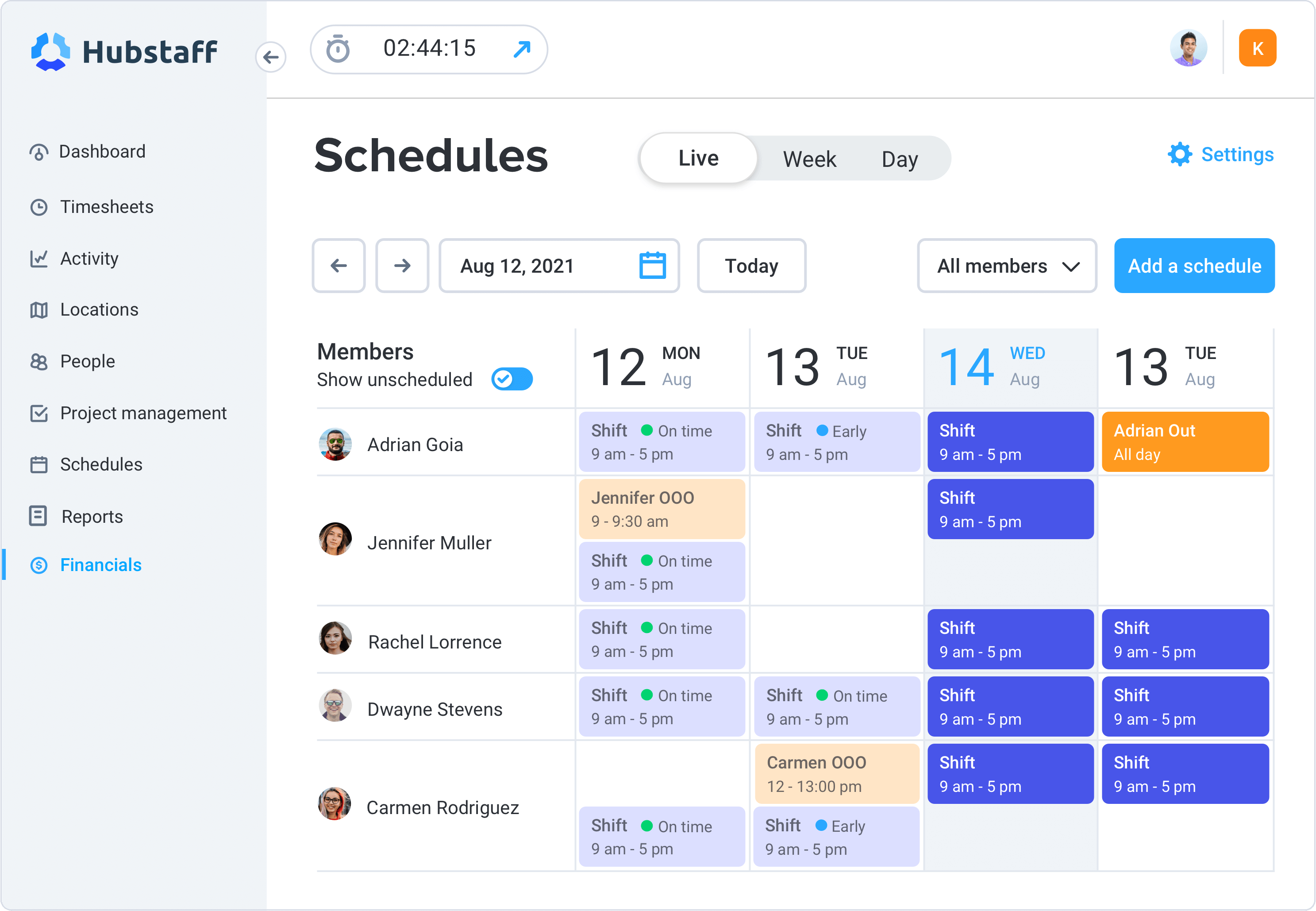 Hubstaff’s calendar view displaying employee shift schedules