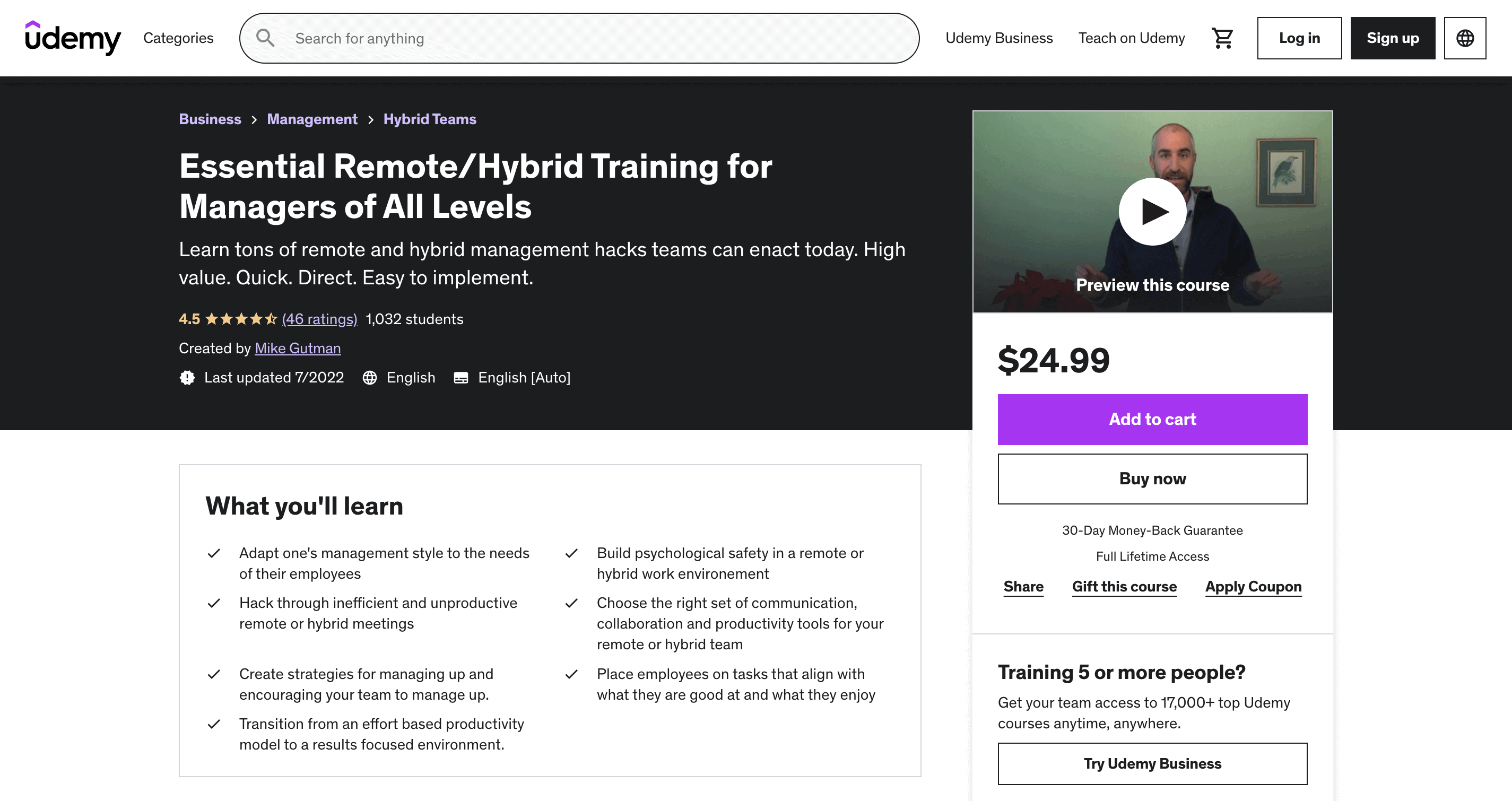 A screenshot of the Essential Remote Hybrid Training for Managers of All Levels course presented by Mike Gutman and Udemy. 
